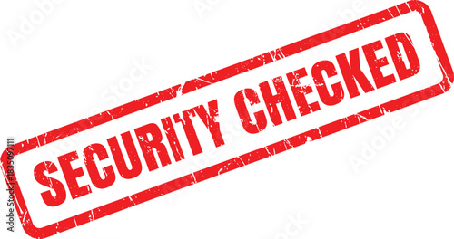 Angled red rectangular stamp reads Security Checked in capital letters against a transparent background