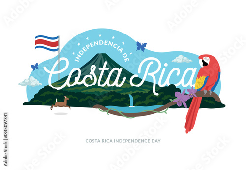 VECTORS. Editable banner perfect for Costa Rica’s Independence Day (September 15) and patriotic holidays. National symbols, nature, Arenal volcano, white-tailed deer, landscape