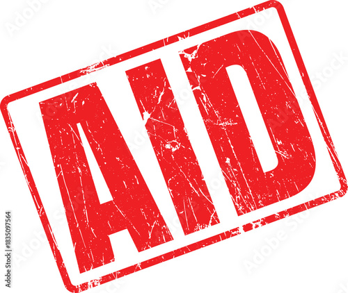 Distressed red AID rubber stamp on a white background evokes immediate attention and urgency
