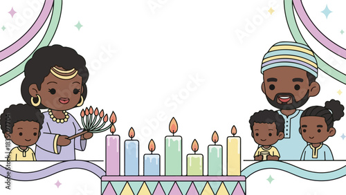 Cute black family lighting kinara candles for kwanzaa celebration.
