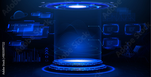 Futuristic hologram podium with glowing blue light portal and digital tech interface elements. 3d data visualization background - circular platform, hud panels, wireframe geometry and chart graphics