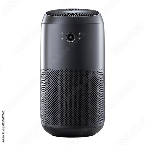 Modern gray smart speaker with control button and grille design isolated on Transparent Background