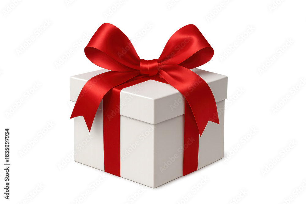 Fototapeta premium White gift box with red ribbon and bow celebrating holidays, special occasions, and anniversaries on transparent background