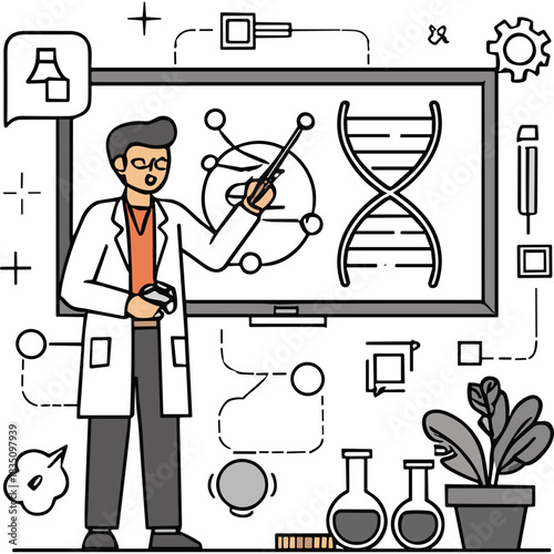Scientist In A Lab Coat Explaining DNA Structure And Molecular Bonds On A Whiteboard With Scientific Equipment And Plants In The Foreground Clean Illustration Style