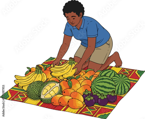 Woman arranging tropical fruit on a colorful market mat.