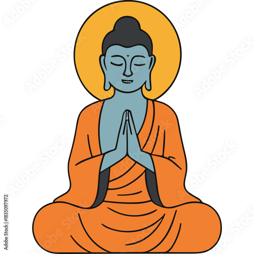 Serene Buddha figure in meditation orange robes glowing golden halo peaceful enlightenment yoga mindfulness spiritual enlightenment calm meditative pose centered balance soothing ambiance