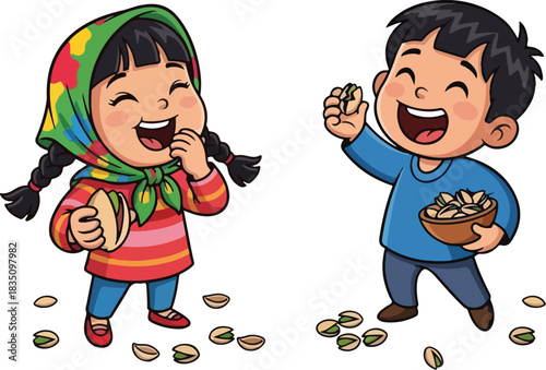 Happy children eating pistachios, traditional cartoon vector.