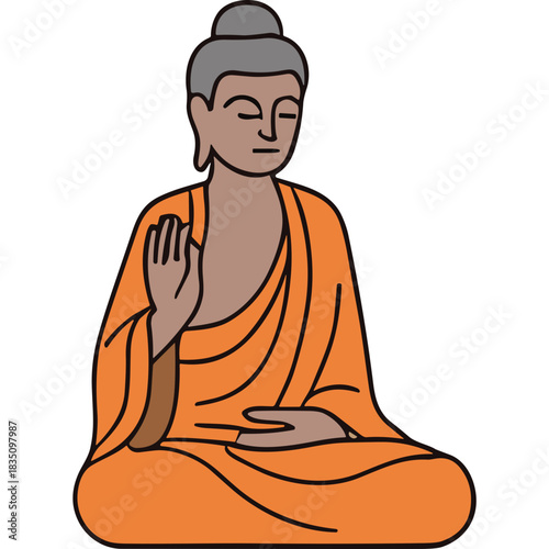 Serene Buddhist Monk in Orange Robes Meditating Calmly Peaceful Enlightenment Aura Soft Lighting Detailed Illustration Minimalist Style Contemplation Tranquil Scene