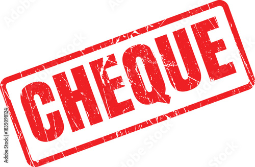 Cheque is stamped with a textured red ink inside a rectangle on a white background