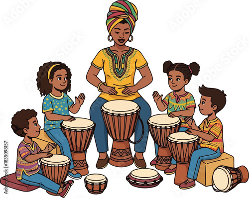 Woman teaches children to play african djembe drums.