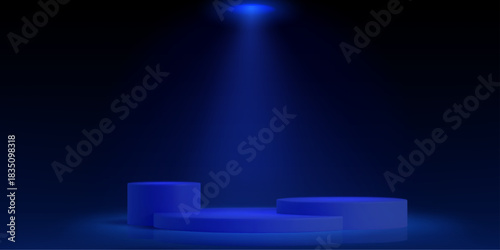 Three round podiums under spotlight on dark blue background. Vector realistic illustration of cylinder platforms for product presentation, winner award, sale promo design, luxury showroom studio