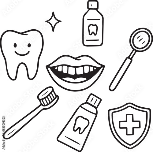 Hand-drawn doodle vector illustration of dental hygiene items: toothbrush, toothpaste and mouthwash in simple black and white line art, perfect for oral care, dentistry themes, medical designs and edu