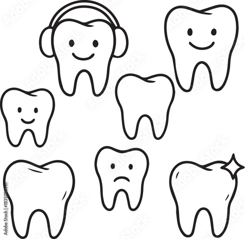 Hand-drawn doodle vector illustration of human teeth in simple black and white line art, perfect for dental care themes, dentistry designs, educational materials, oral hygiene concepts and coloring pa