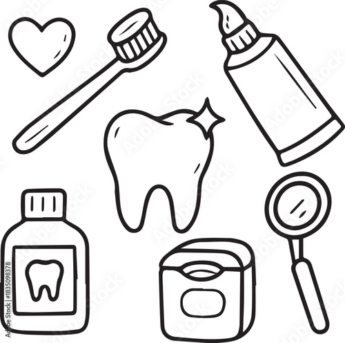 Hand-drawn doodle vector illustration of dental hygiene items: toothbrush, toothpaste and mouthwash in simple black and white line art, perfect for oral care, dentistry themes, medical designs and edu