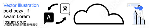 Cloud storage, machine translation, data analysis, digital transformation, remote access, and communication. Cloud icon, language symbols person analyzing data. Cloud storage and machine translation