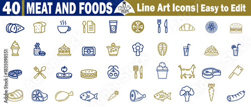 Collection of meat and food line art icons for web, mobile app ui design, and infographics elements. 