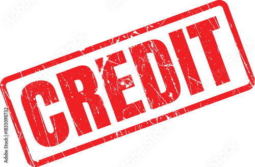 Distressed red credit rubber stamp with white text is displayed against a transparent background