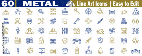 Sixty metal icons set design with fine line style related to the metal industry business vector illustration. 