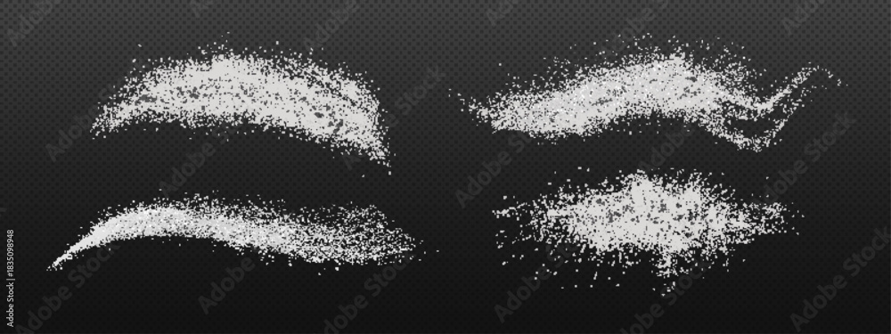 Fototapeta premium Fine flour or sugar crystals and salt granules with splash effect. Isolated white powder particles pile with scattered dust grain texture on transparent background for cooking and baking design.