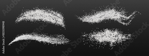 Fine flour or sugar crystals and salt granules with splash effect. Isolated white powder particles pile with scattered dust grain texture on transparent background for cooking and baking design.