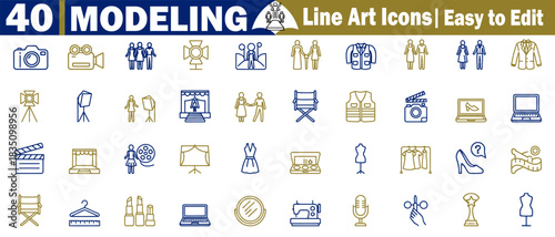 Fashion models and modeling pose in clothing line art icons, easy to edit, design style concept