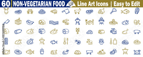 Set of sixty non-vegetarian food line art icons, easy to edit and customizable vector image. 