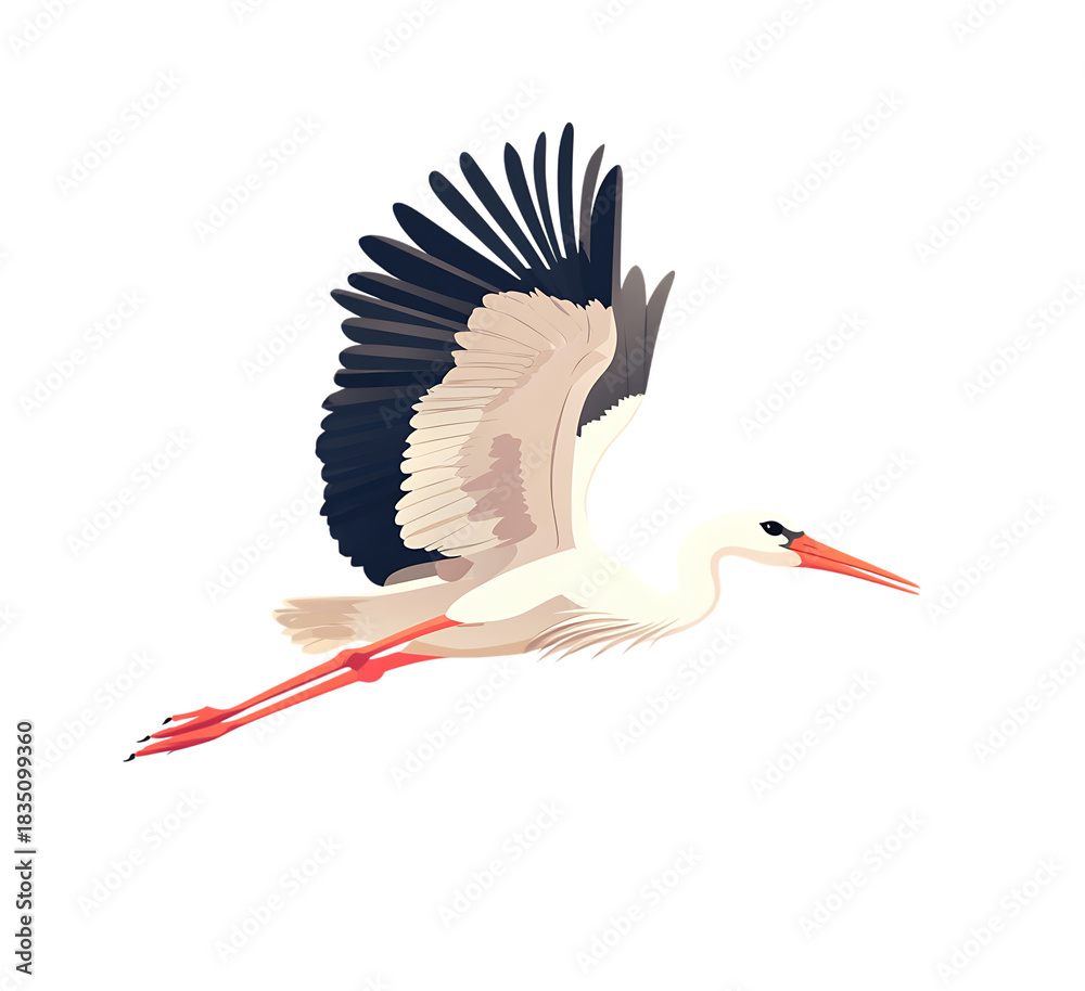 Obraz premium A graceful white stork with outstretched wings and long red legs in mid flight isolated on transparent background