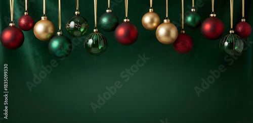 Elegant Christmas baubles in red and gold hanging against a dark green velvet background with ample copy space. Luxurious holiday banner concept.