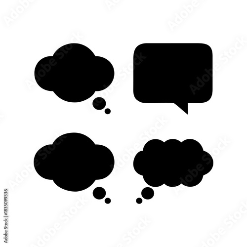 Black Thought Bubbles and Speech Bubble Silhouette Set – Blank Comic Dialog Shapes Vector
