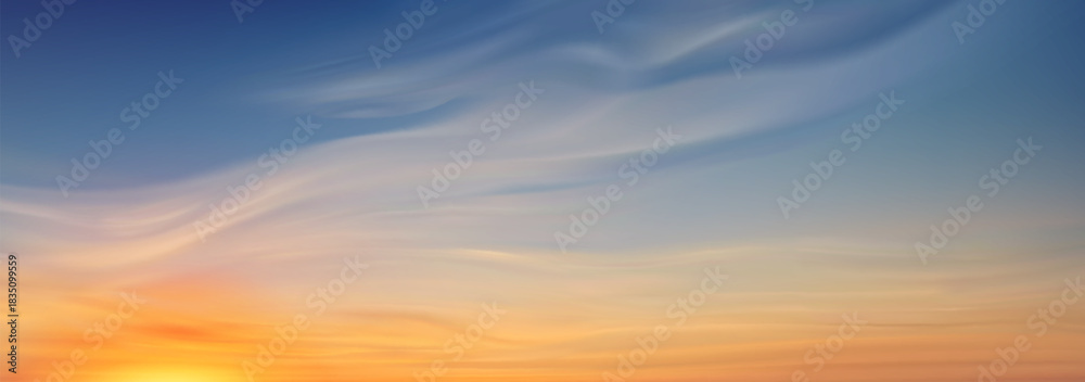 Naklejka premium Beautiful sky gradient with soft clouds at sunset. Pastel blue and orange hues blend across horizon. dramatic Backdrop for nature scene landscape with golden sunlight and peaceful twilight colors.