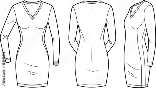 Technical fashion flat template sketch for a women's fitted V-neck ribbed knit sweater dress with long sleeves, showing front, back, and side views.