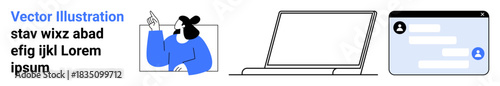 Business communication, online education, social media interaction, remote work, web conferencing, digital messaging. Professional person gesturing, laptop and chat interface. Business communication