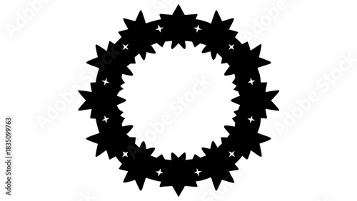 Black star wreath with small white stars inside each of the larger star shapes in a circular pattern