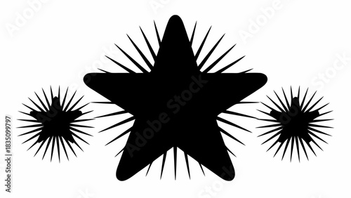 Three black stars with spiky rays emanating from them on a white background in a simple graphic design
