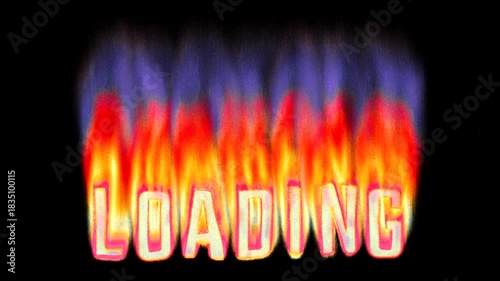 Animated heat map Loading text title burning in pixelated retro-styled fire flames on a transparent alpha channel in a seamless loop.