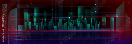 Futuristic abstract tech cityscape background with glowing neon skyscrapers and digital network lines. urban bg with luminous green and red data beams and smart buildings in cyberpunk landscape.