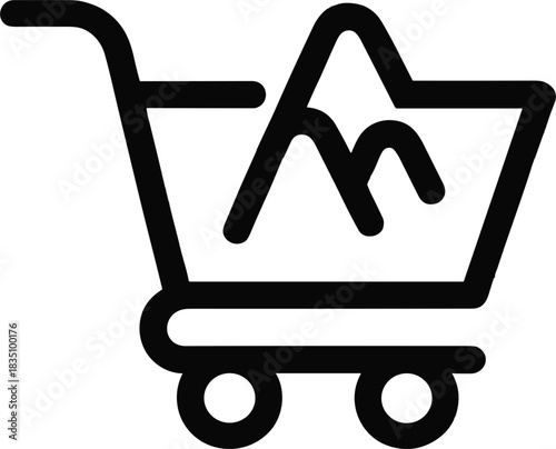 Creative Minimalist Line Icon Combining E-commerce Shopping Cart with Abstract Mountain Range Symbolizing Adventure Travel and Outdoor Gear Retail