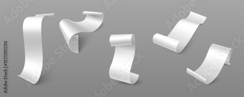 Long paper bill mockup in 3D realistic style - isolated white receipt roll for shop payment. Blank thermal check template with paper texture for grocery store, restaurant POS or supermarket cashier.