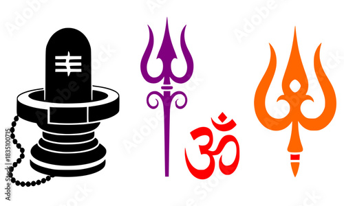 Collection of Hindu Symbols: Shivlinga, Trishul (Trident), and Om (Aum) Vector Graphics