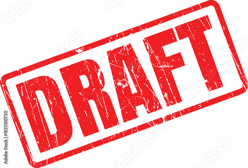 Grunge red rubber stamp displaying the word draft diagonally on a white background