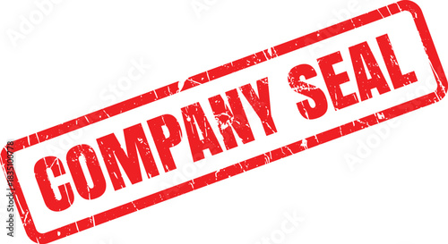 Isolated company seal stamp in bright red shows distress and age on transparent backdrop