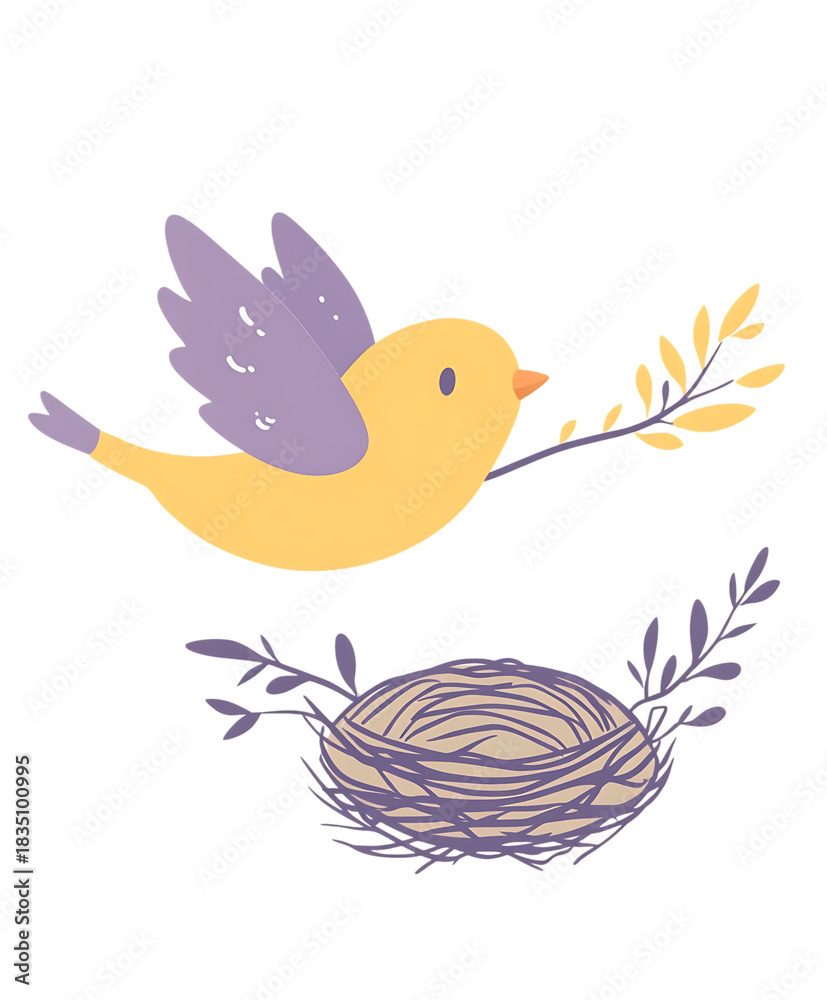 Obraz premium A cheerful yellow bird with purple wings carries a branch to its nest isolated on transparent background