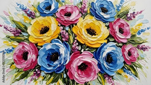 A vibrant oil painting of a bouquet featuring yellow pink and blue impasto flowers
