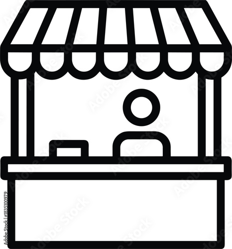 Minimalist Outline Icon of an Outdoor Market Stall or Food Kiosk with a Vendor Standing Inside, Perfect for Retail, Event, and Commerce Graphics