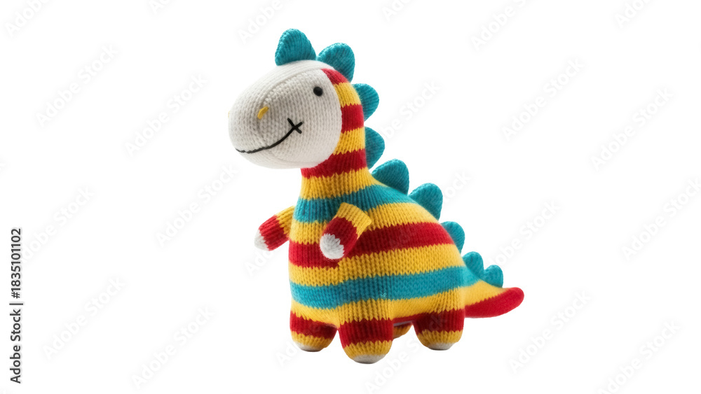 Naklejka premium Striped knitted dinosaur toy isolated PNG on transparent background, cute colorful stuffed animal for kids and decoration