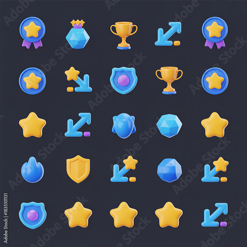 Collection of colorful game icons for rewards achievements and progress on dark background