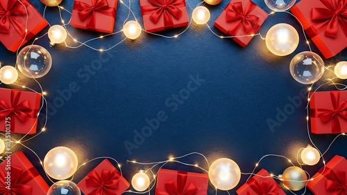 Festive red gifts and glowing lights on dark blue background