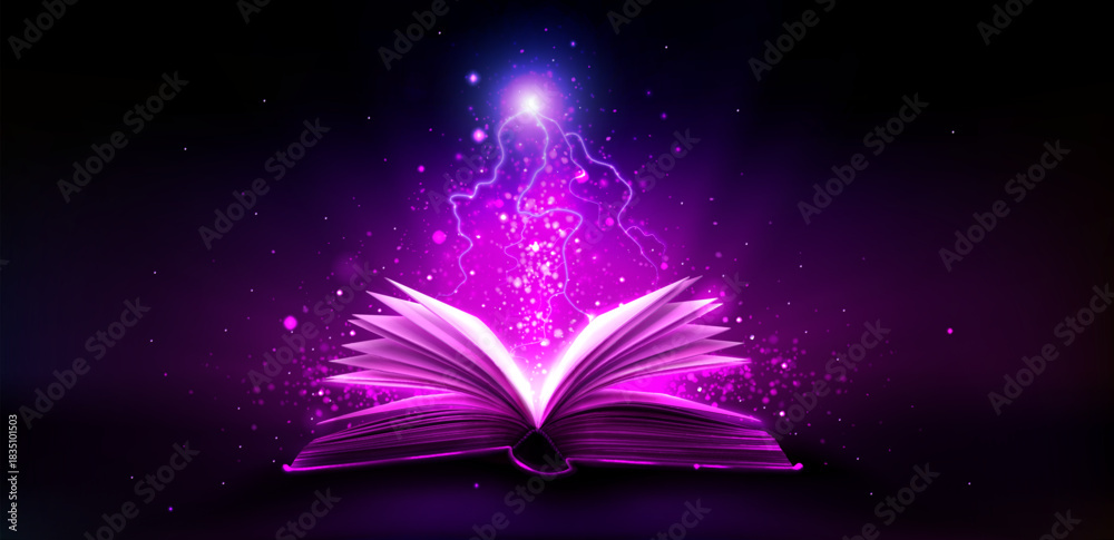 Naklejka premium Magic book with thunder bolts and pink light rays. Realistic open tome glowing with mystery and ancient knowledge. Fantasy vector design for library, education projects and mystical legend concepts.