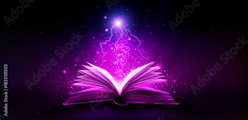 Magic book with thunder bolts and pink light rays. Realistic open tome glowing with mystery and ancient knowledge. Fantasy vector design for library, education projects and mystical legend concepts.