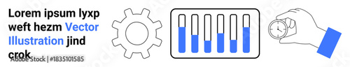 Gear for process, bar chart with data bars for analytics, hand holding clock for time management. Ideal for productivity, efficiency, project management, workflow, data visualization, planning